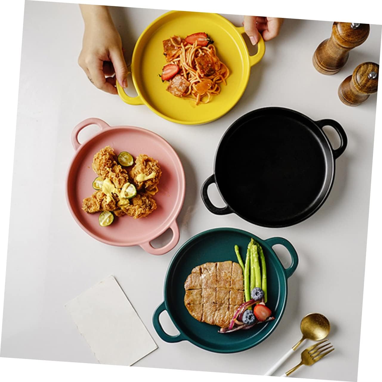 Ceramic Baking Set with Green Landscape Design - Tray, Pan, Quiche Dish, Casserole, Steak Board, Roaster Pan - Pink Cookware for Oven