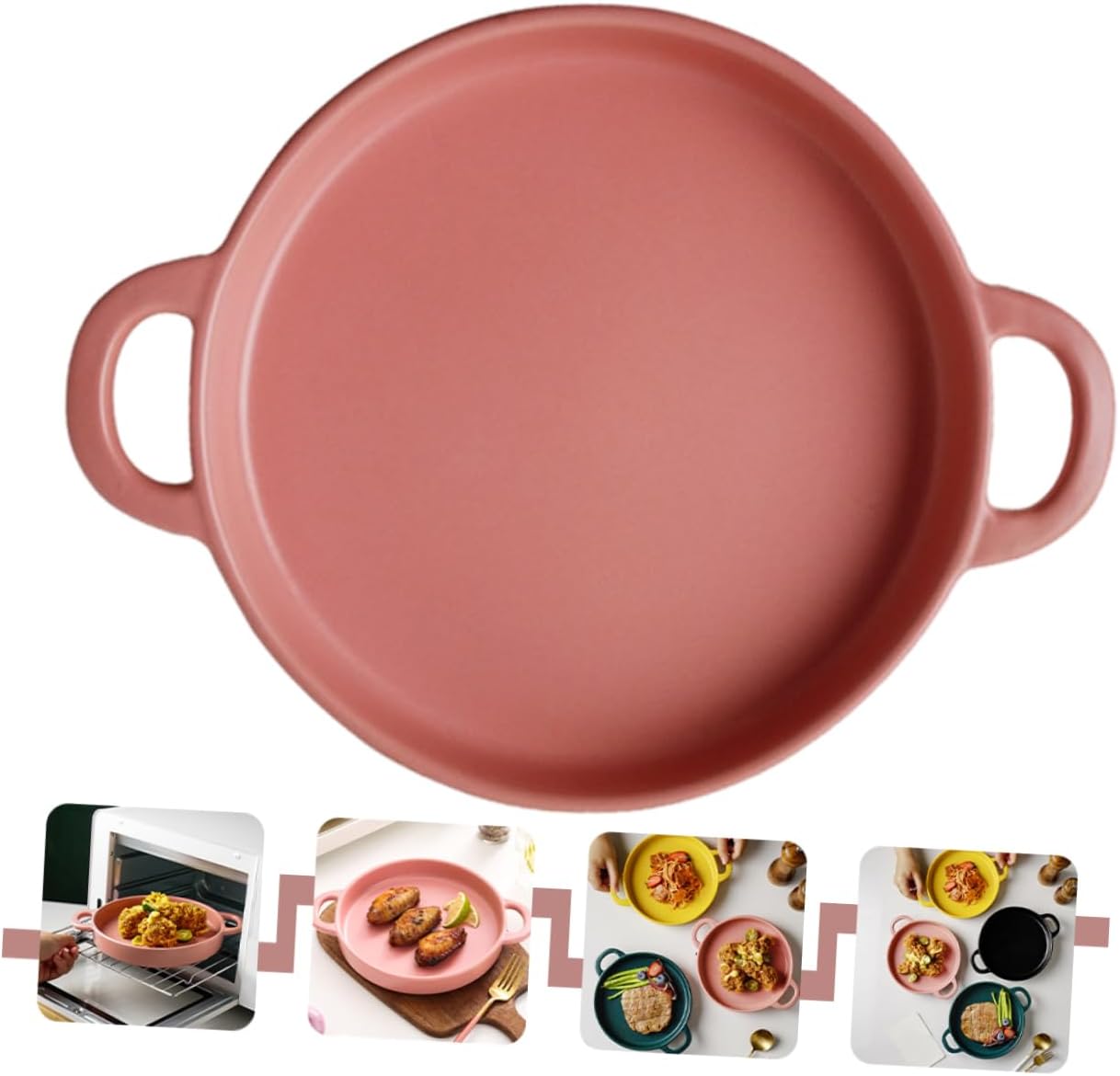 Ceramic Baking Set with Green Landscape Design - Tray, Pan, Quiche Dish, Casserole, Steak Board, Roaster Pan - Pink Cookware for Oven