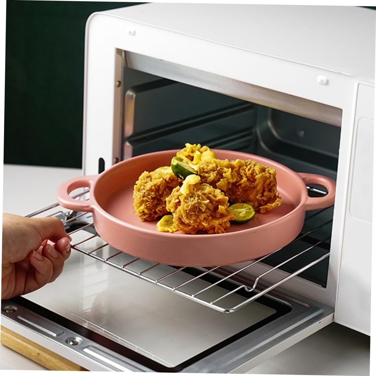 Ceramic Baking Set with Green Landscape Design - Tray, Pan, Quiche Dish, Casserole, Steak Board, Roaster Pan - Pink Cookware for Oven