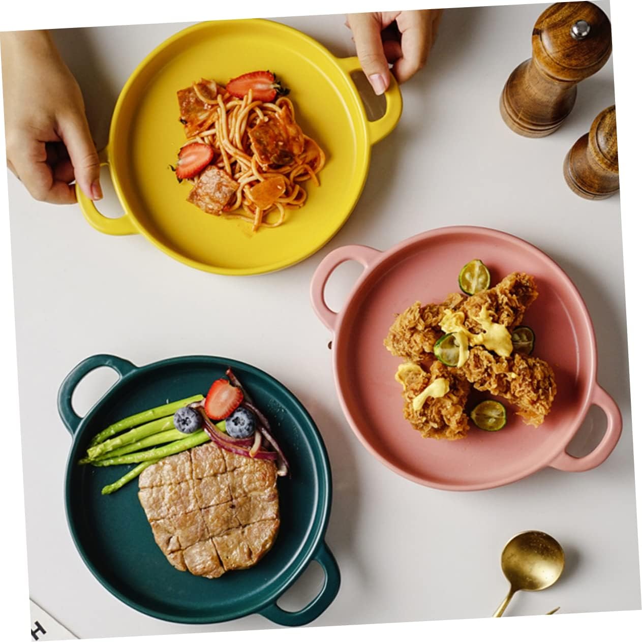 Ceramic Baking Set with Green Landscape Design - Tray, Pan, Quiche Dish, Casserole, Steak Board, Roaster Pan - Pink Cookware for Oven