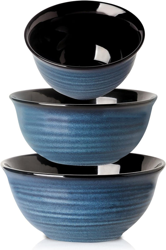 Ceramic Mixing Bowls Set for Cooking and Baking, Nesting Bowls for Salads and Fruit, 2.1/1.5/1.0 Qt, Blue Color, Dishwasher & Microwave Safe - Ideal Christmas Gift