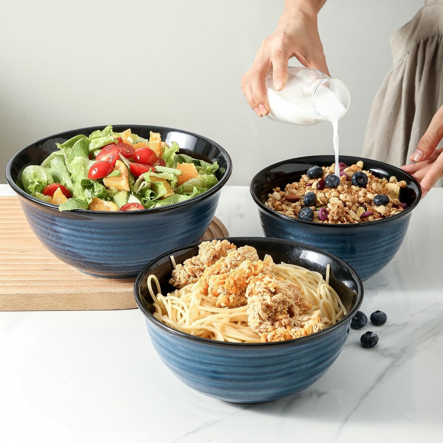 Ceramic Mixing Bowls Set for Cooking and Baking, Nesting Bowls for Salads and Fruit, 2.1/1.5/1.0 Qt, Blue Color, Dishwasher & Microwave Safe - Ideal Christmas Gift