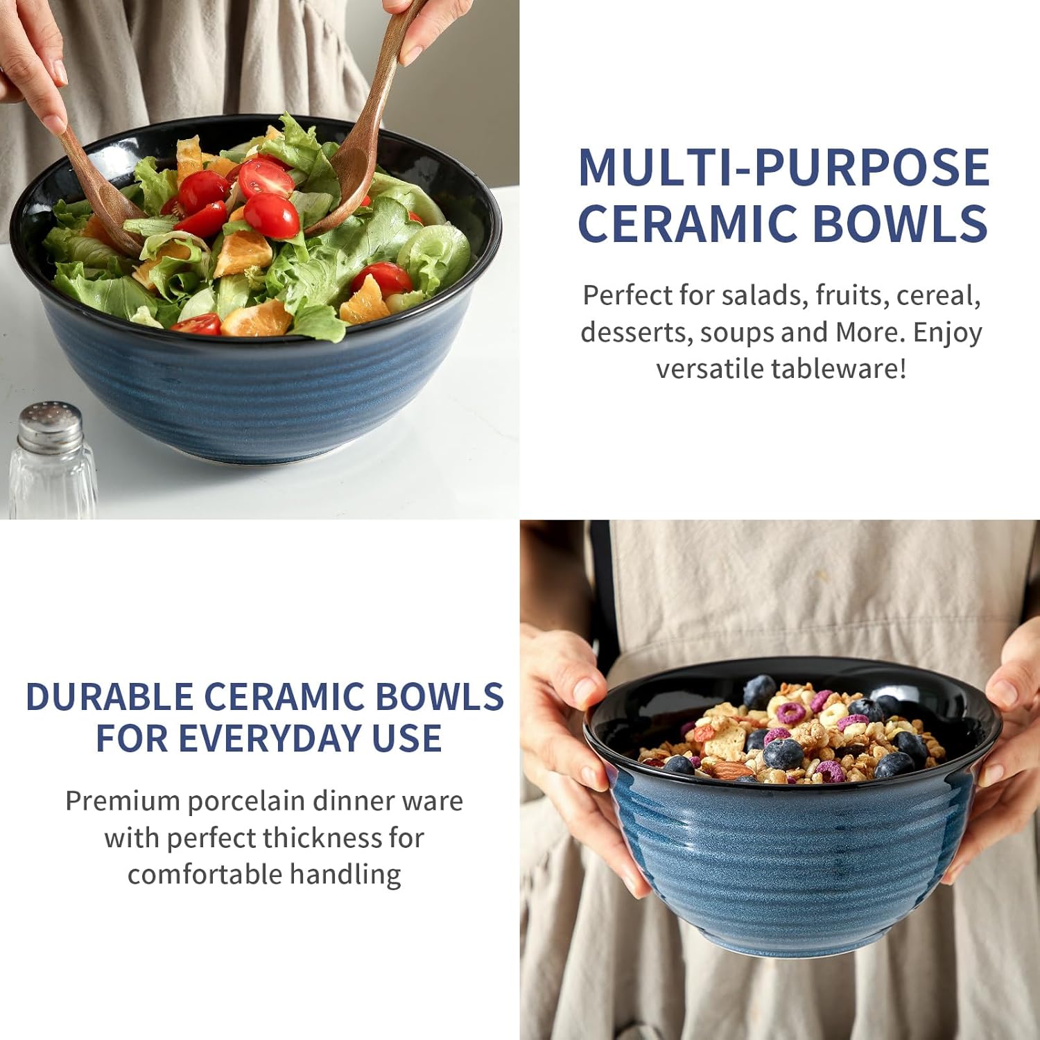 Ceramic Mixing Bowls Set for Cooking and Baking, Nesting Bowls for Salads and Fruit, 2.1/1.5/1.0 Qt, Blue Color, Dishwasher & Microwave Safe - Ideal Christmas Gift