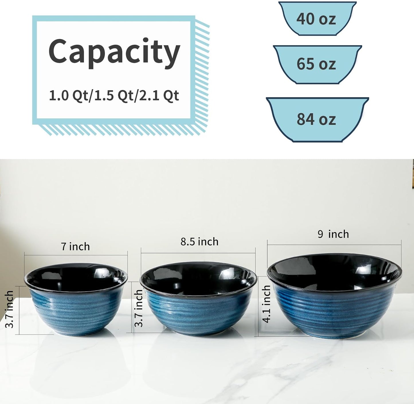 Ceramic Mixing Bowls Set for Cooking and Baking, Nesting Bowls for Salads and Fruit, 2.1/1.5/1.0 Qt, Blue Color, Dishwasher & Microwave Safe - Ideal Christmas Gift