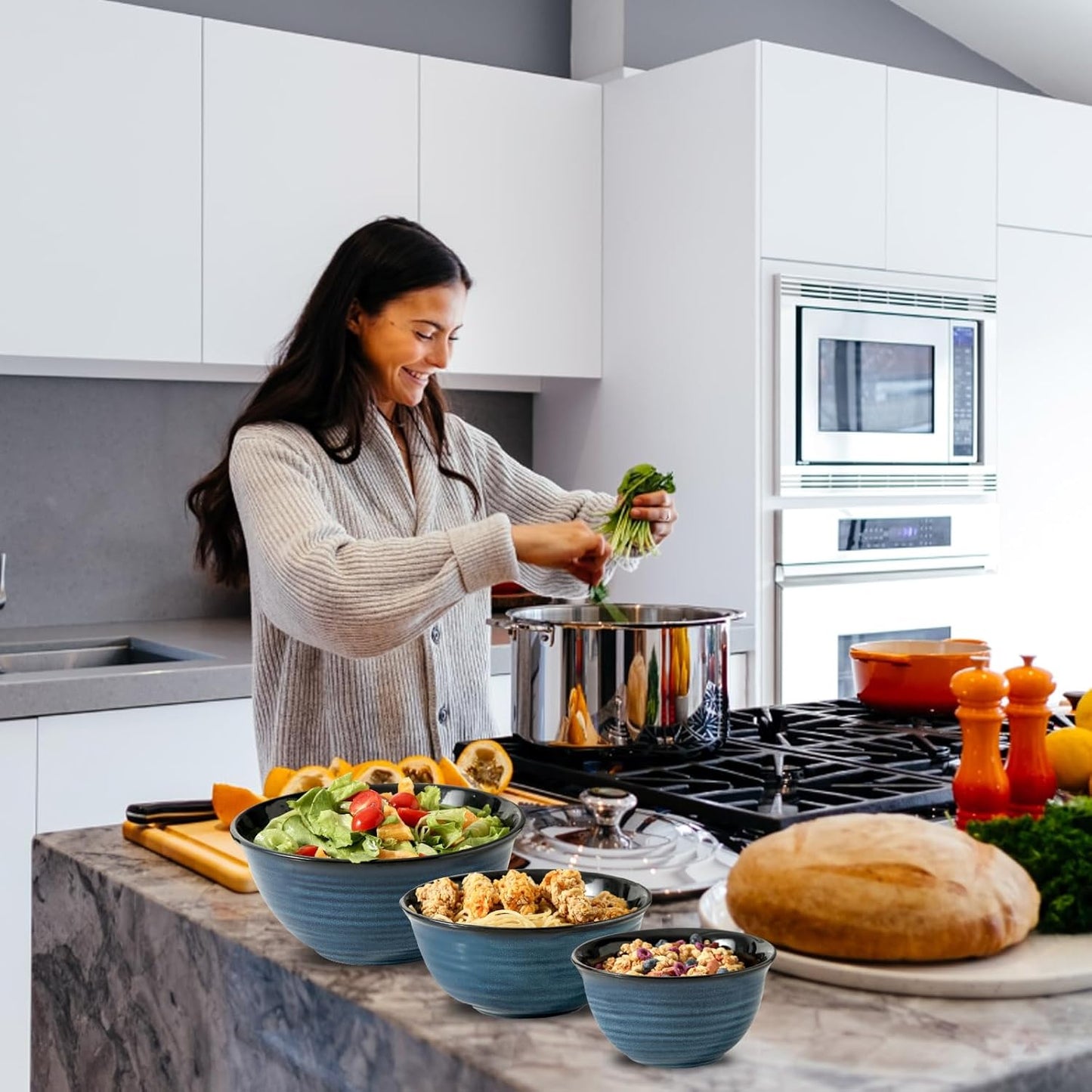 Ceramic Mixing Bowls Set for Cooking and Baking, Nesting Bowls for Salads and Fruit, 2.1/1.5/1.0 Qt, Blue Color, Dishwasher & Microwave Safe - Ideal Christmas Gift