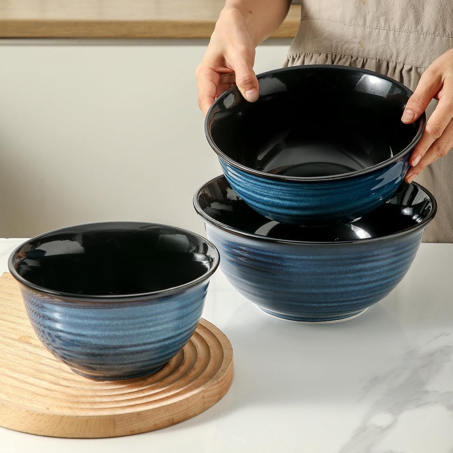 Ceramic Mixing Bowls Set for Cooking and Baking, Nesting Bowls for Salads and Fruit, 2.1/1.5/1.0 Qt, Blue Color, Dishwasher & Microwave Safe - Ideal Christmas Gift