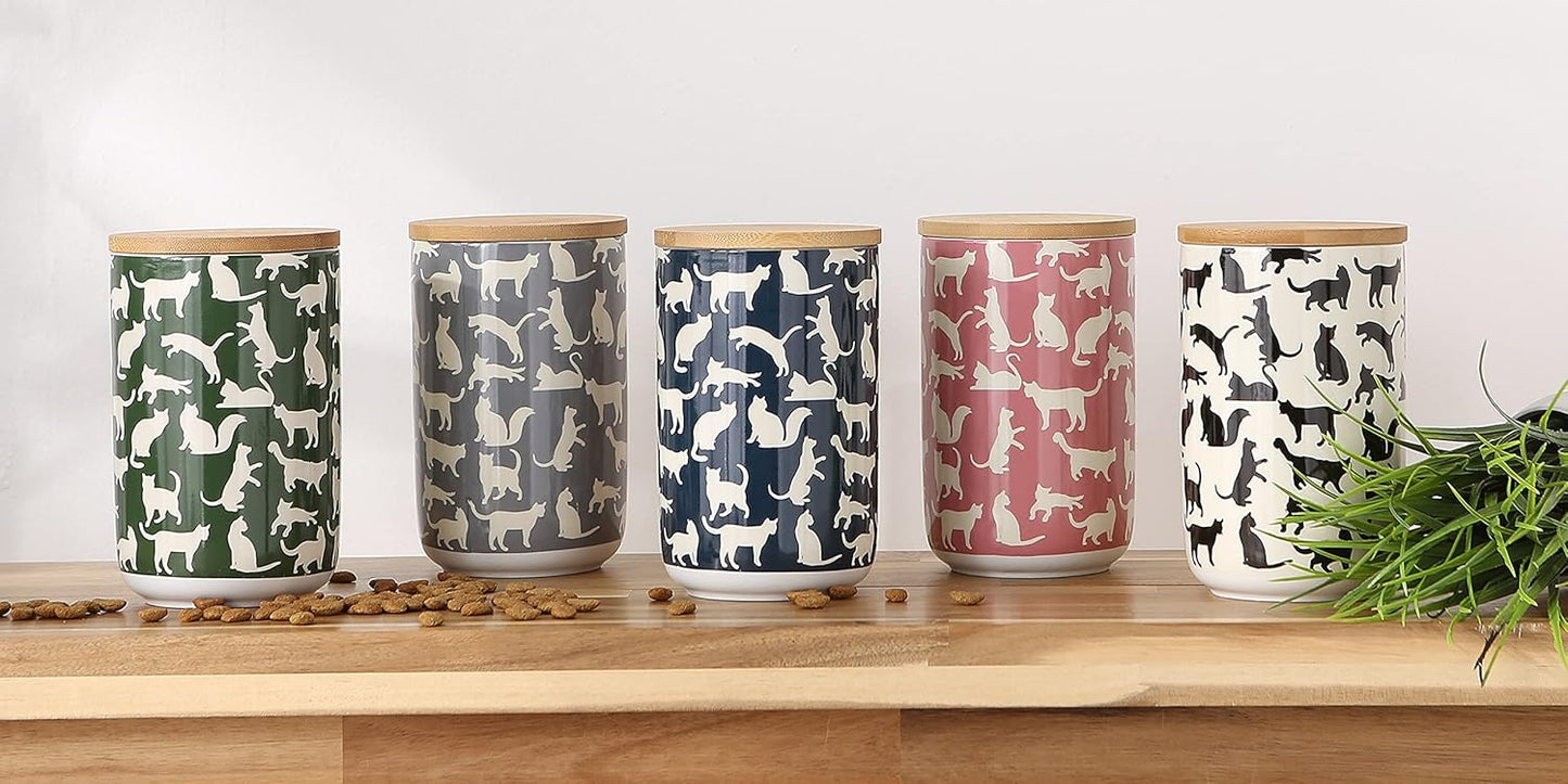 Ceramic Pet Treat Jar with Bamboo Lid, 4x6.5, Dishwasher Safe, Black/White - Ideal for Cats and Dogs