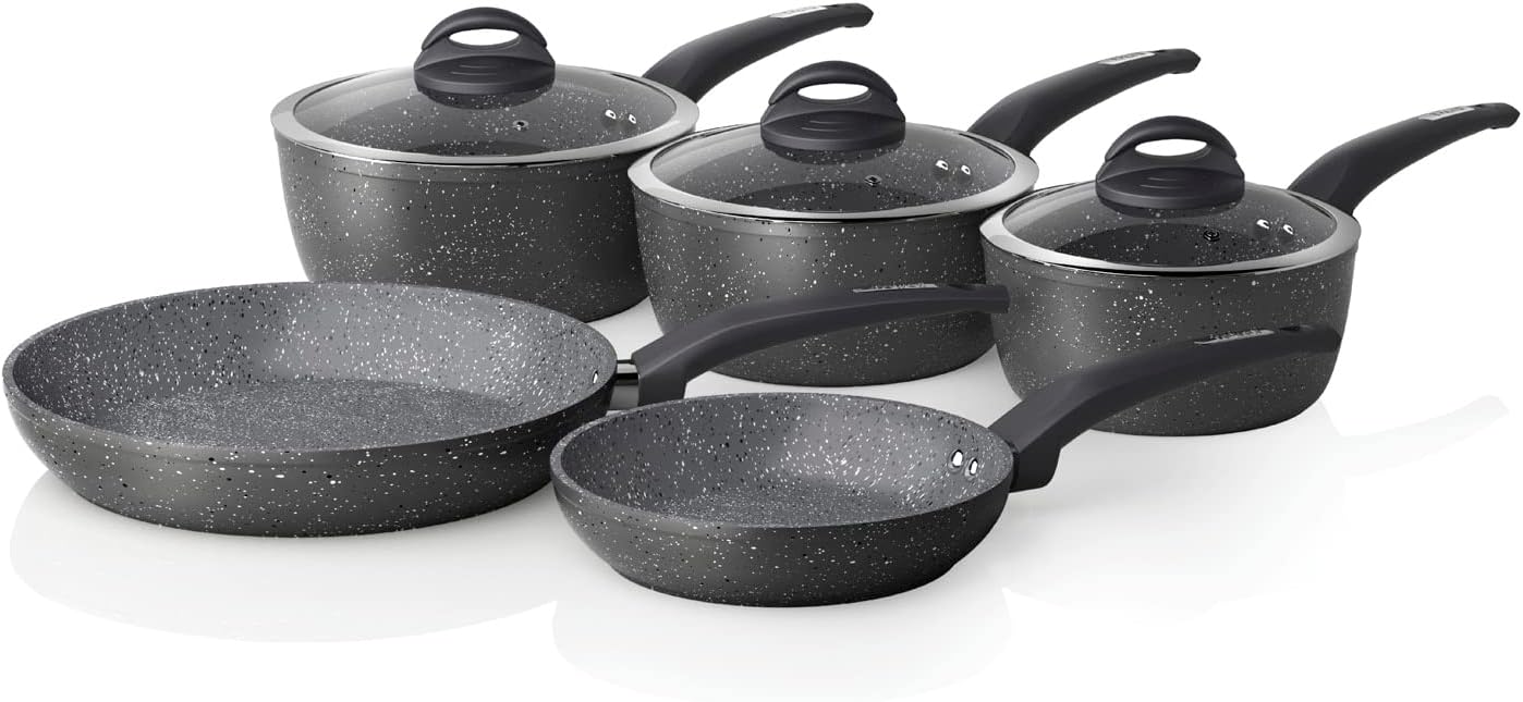 Cerastone Forged 5-Piece Saucepan and Pan Set with Non-Stick Coating and Soft Touch Handles - Graphite - 18/20/22 cm Pots, 20/28 cm Pans