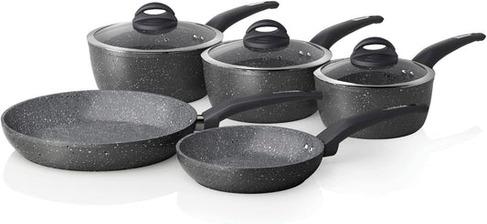 Cerastone Forged 5-Piece Saucepan and Pan Set with Non-Stick Coating and Soft Touch Handles - Graphite - 18/20/22 cm Pots, 20/28 cm Pans