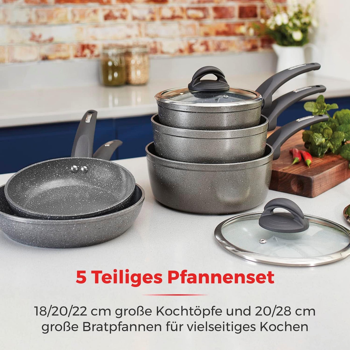 Cerastone Forged 5-Piece Saucepan and Pan Set with Non-Stick Coating and Soft Touch Handles - Graphite - 18/20/22 cm Pots, 20/28 cm Pans