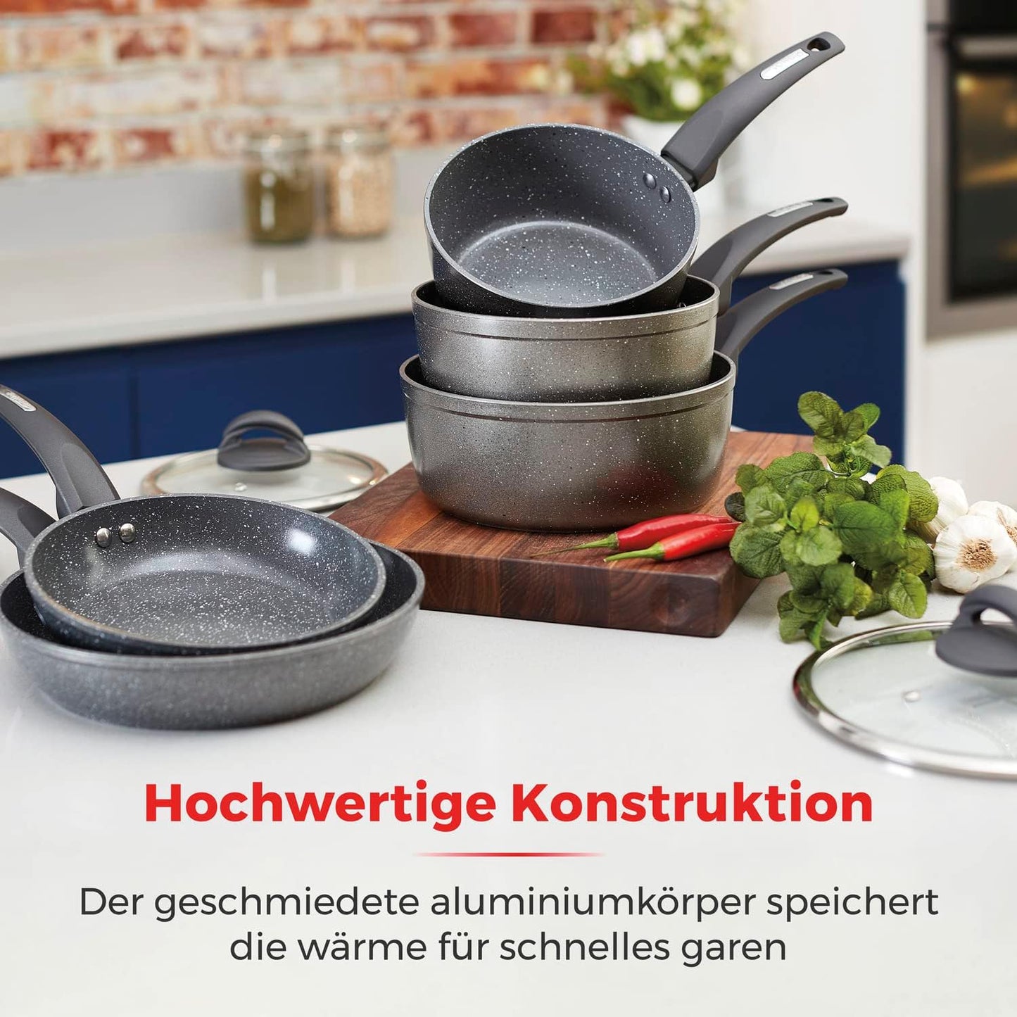 Cerastone Forged 5-Piece Saucepan and Pan Set with Non-Stick Coating and Soft Touch Handles - Graphite - 18/20/22 cm Pots, 20/28 cm Pans