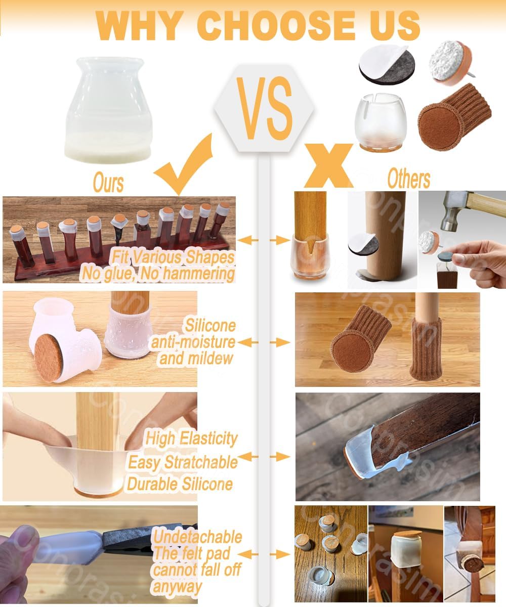 Chair Leg Caps Floor Protectors - Small Fit 0.8”to 1.3”, Silicone Furniture Pads with Felt for Hardwood Floors, Noise-Free Chair Leg Protectors