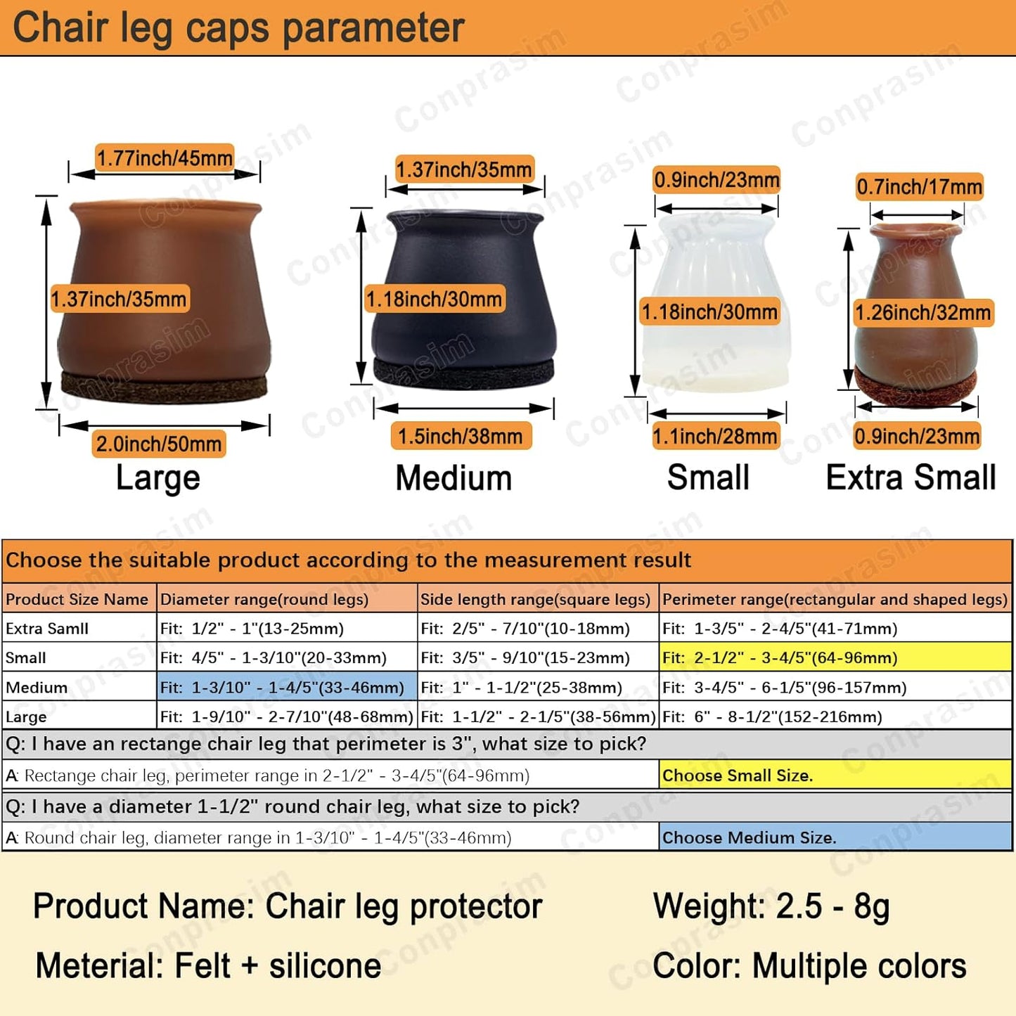 Chair Leg Caps Floor Protectors - Small Fit 0.8”to 1.3”, Silicone Furniture Pads with Felt for Hardwood Floors, Noise-Free Chair Leg Protectors