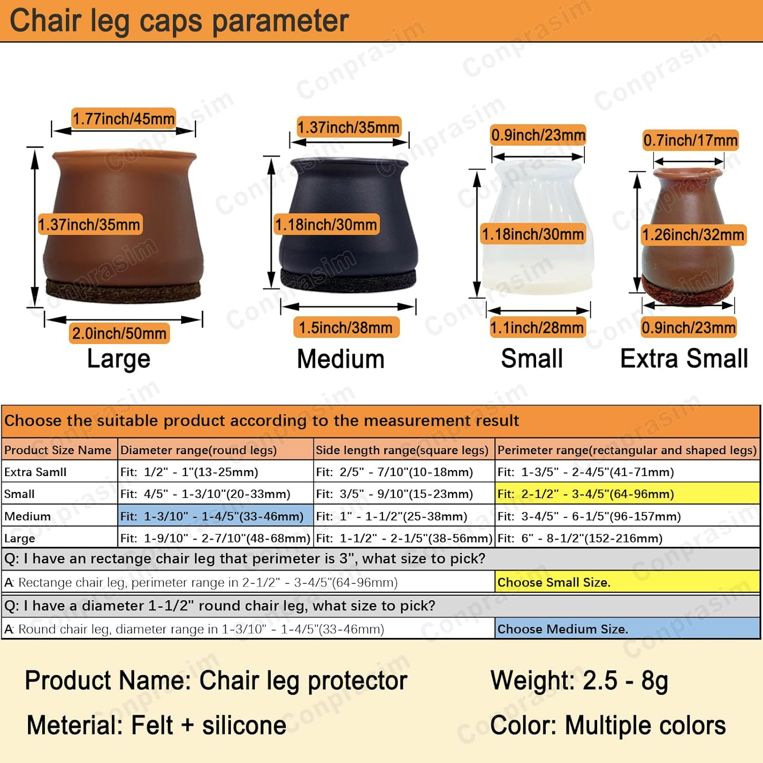 Chair Leg Caps Floor Protectors - Small Fit 0.8”to 1.3”, Silicone Furniture Pads with Felt for Hardwood Floors, Noise-Free Chair Leg Protectors