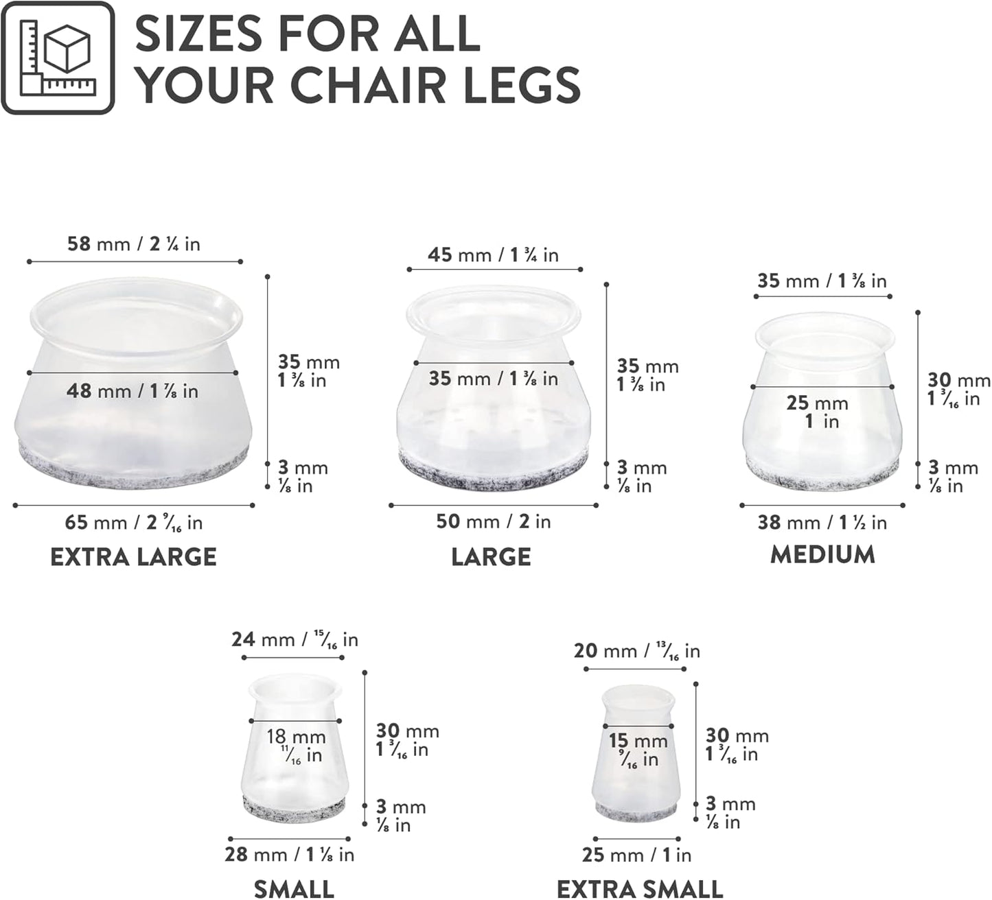 Chair Leg Floor Protectors with Felt Bottom Silicone Pads - Ideal for Hardwood Floors & Furniture Feet - Rubber Caps for Chairs - Furniture Floor Protectors