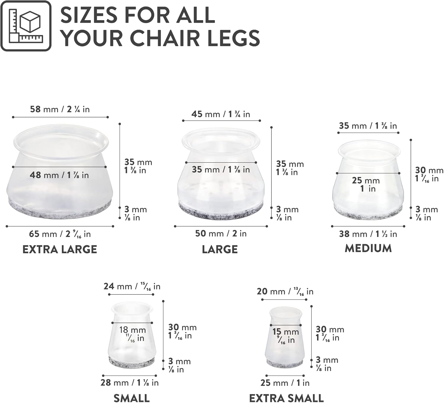 Chair Leg Floor Protectors with Felt Bottom Silicone Pads - Ideal for Hardwood Floors & Furniture Feet - Rubber Caps for Chairs - Furniture Floor Protectors