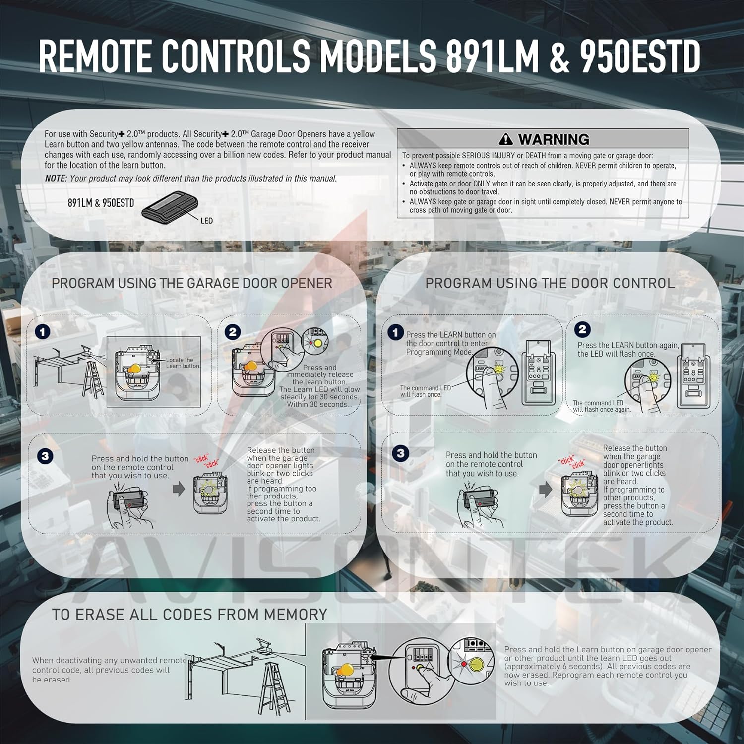 Chamberlain Garage Door Opener Remote Security 2.0+ MyQ Yellow Learn Button 3-Year Warranty by Avisontek - Pack of 2