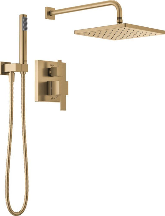 Champagne Bronze Delta Faucet Modern Raincan Square Shower System with Handheld Spray - 2 Settings, Rain Shower Head, Valve and Trim Kit