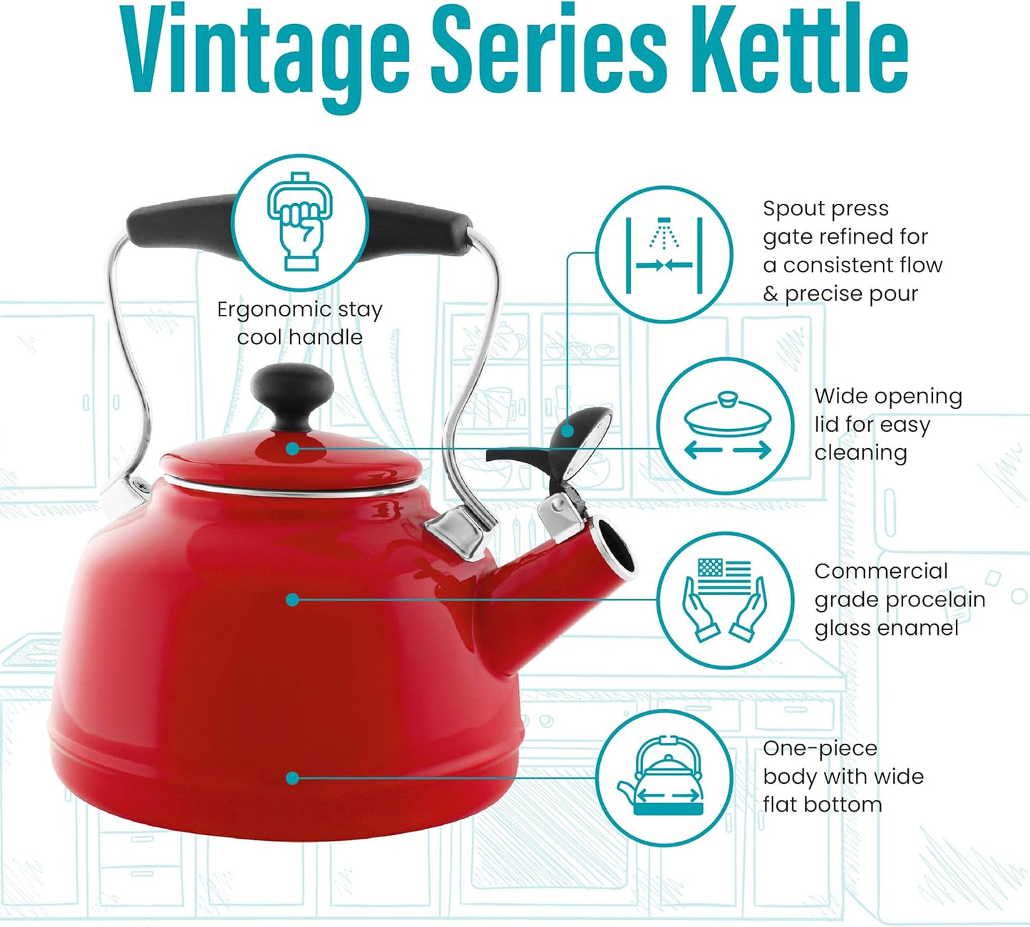 Chantal 1.7 QT Vintage Series Tea Kettle - Premium Enamel on Carbon Steel - Whistling, Quick Boil, Even Heating - Apple Red