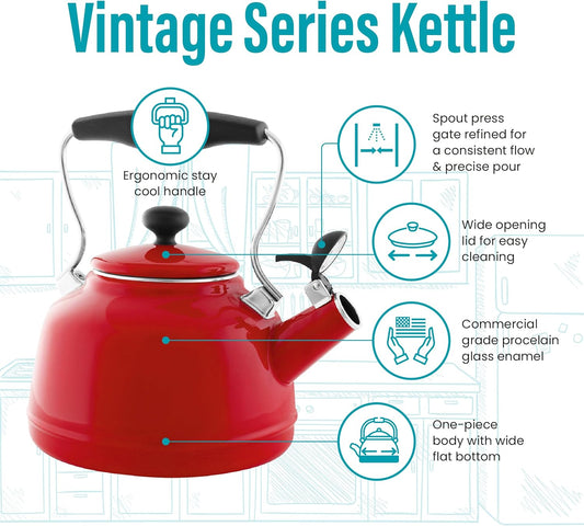 Chantal 1.7 QT Vintage Series Tea Kettle - Premium Enamel on Carbon Steel - Whistling, Quick Boil, Even Heating - Apple Red