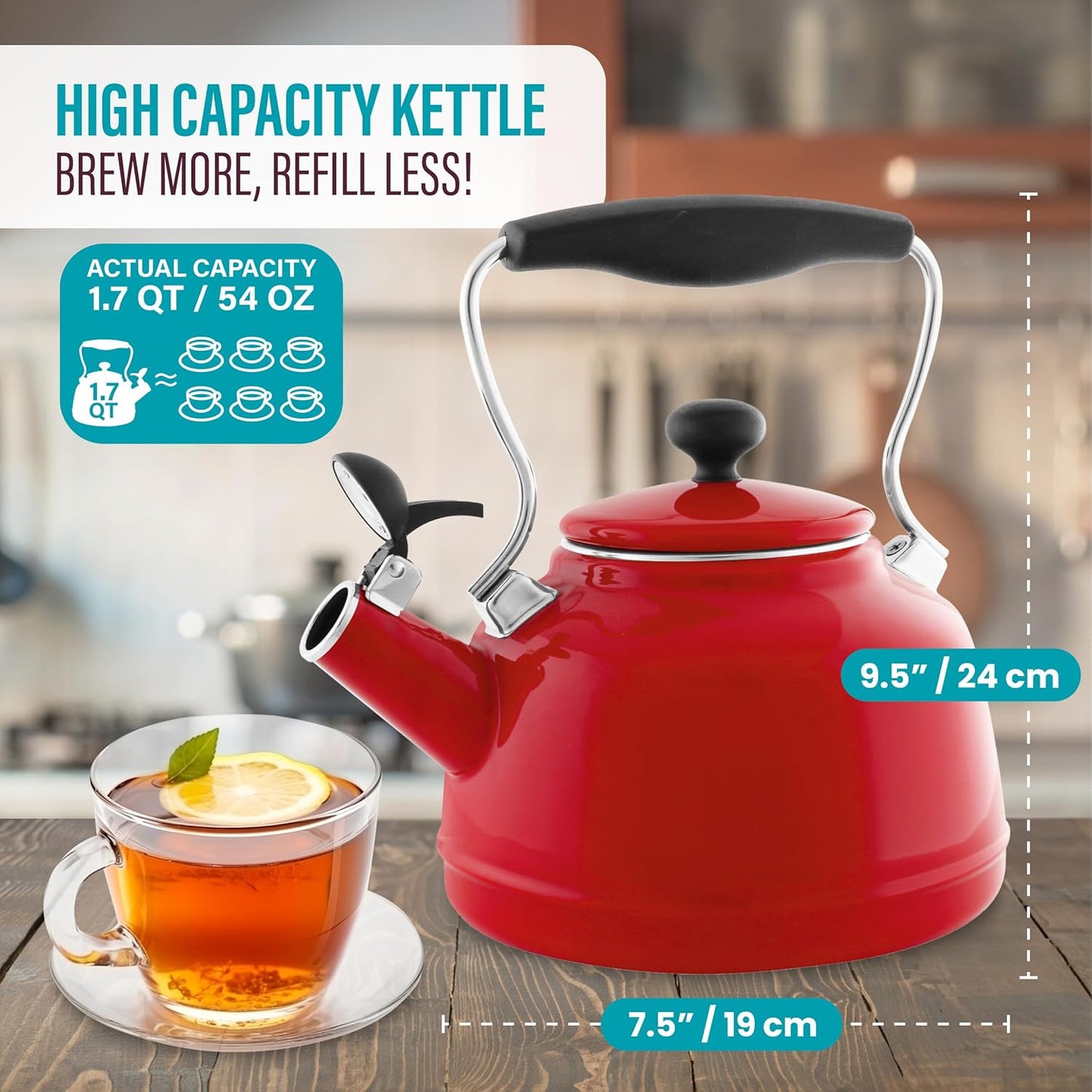 Chantal 1.7 QT Vintage Series Tea Kettle - Premium Enamel on Carbon Steel - Whistling, Quick Boil, Even Heating - Apple Red