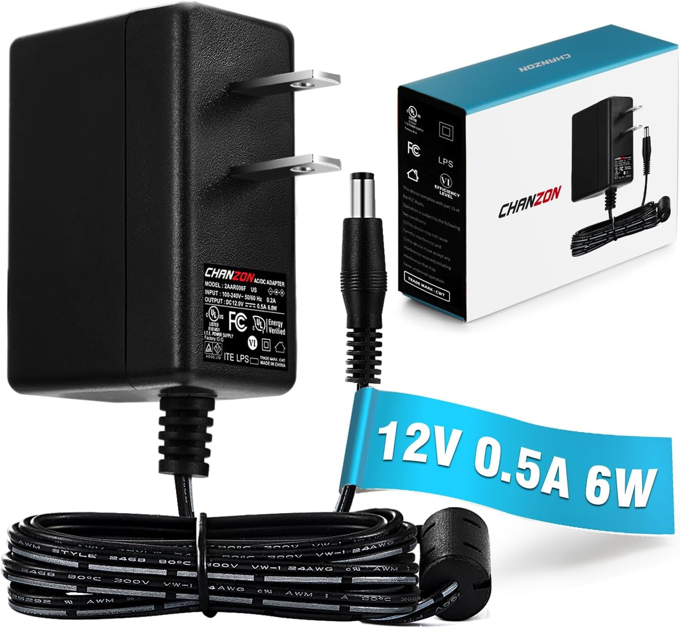 Chanzon 12V 0.5A Power Supply Adapter - AC/DC Switching Transformer for Wall Outlet - 12VDC 500mA Output - Universal Input 100-240V