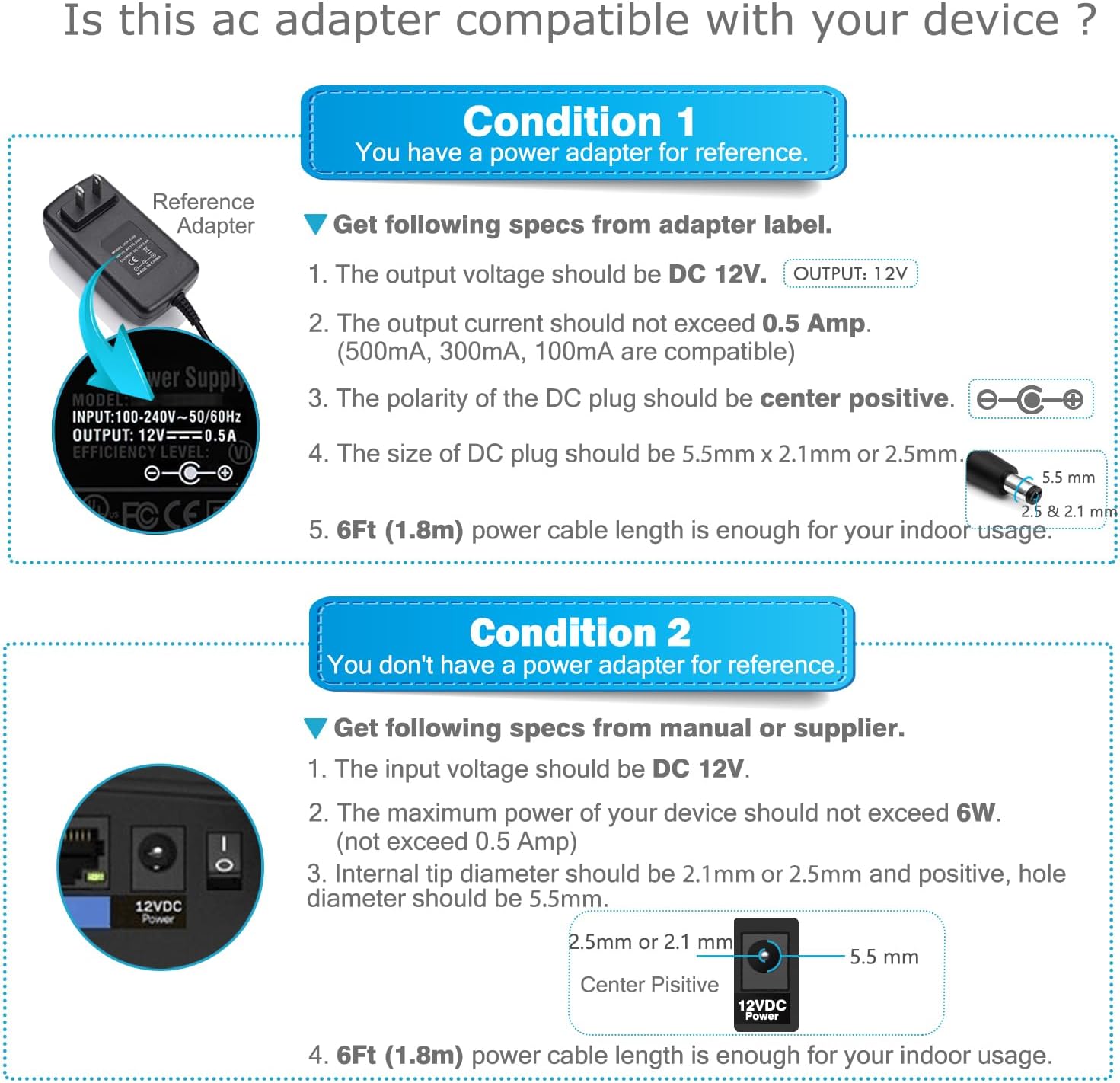 Chanzon 12V 0.5A Power Supply Adapter - AC/DC Switching Transformer for Wall Outlet - 12VDC 500mA Output - Universal Input 100-240V