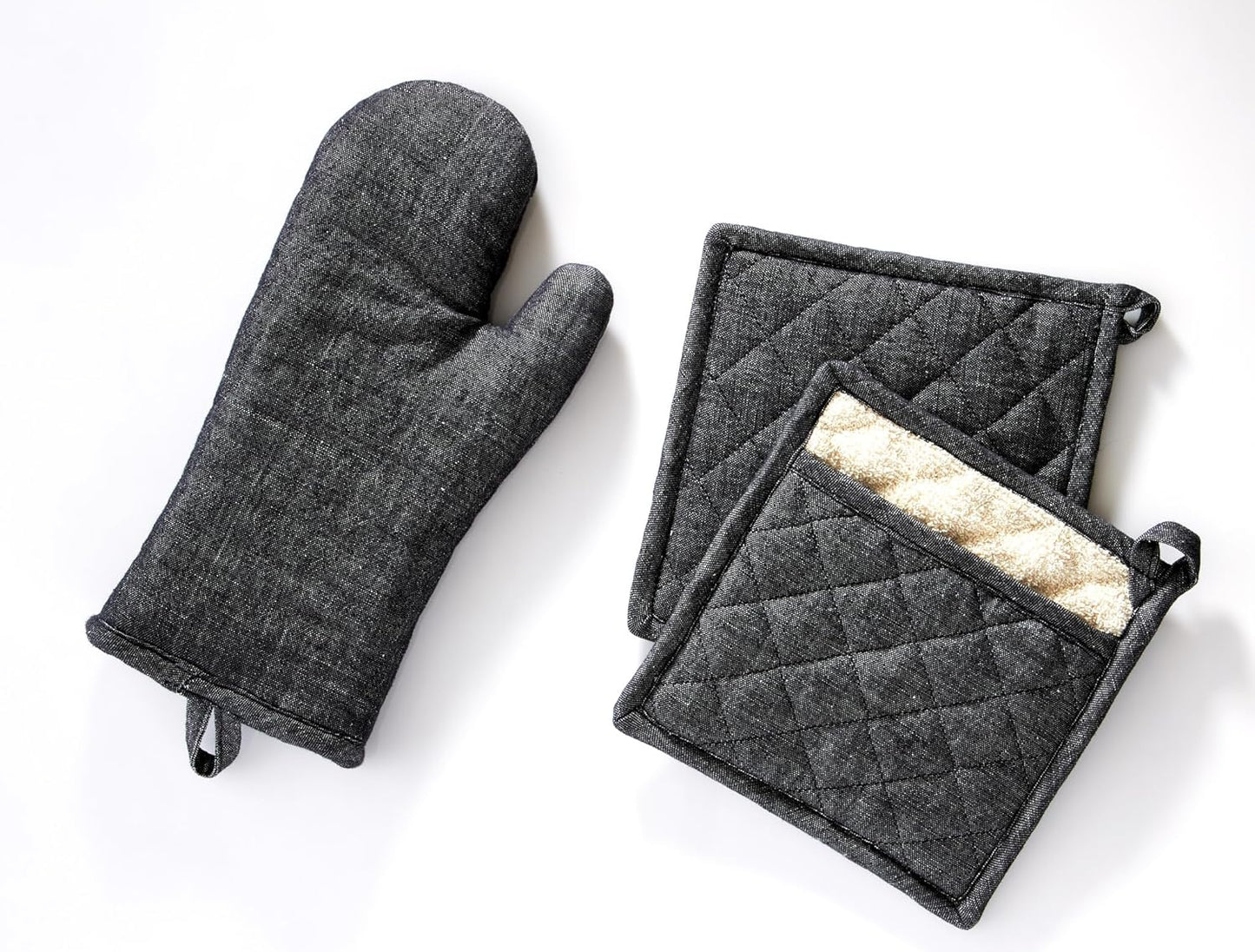 Charcoal Grey Linen-Cotton Oven Mitt & Pot Holders Set - Heat Resistant Gloves for Kitchen Cooking & Grilling, Complete Protection (Set of 3)