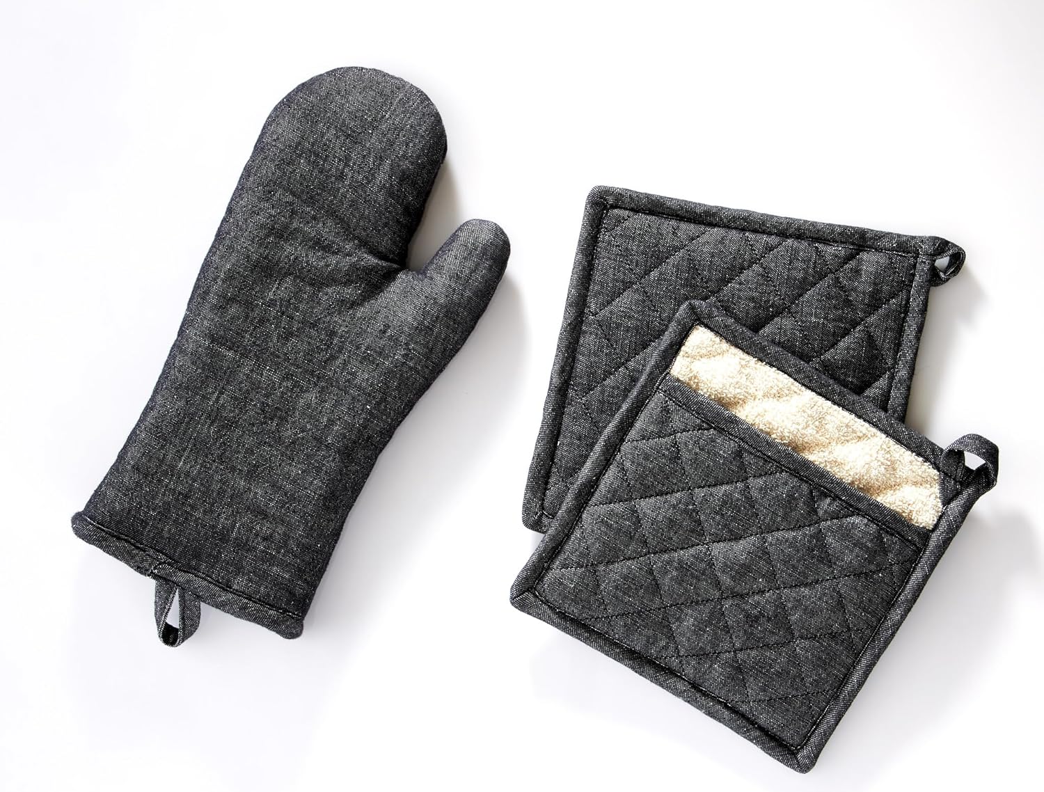 Charcoal Grey Linen-Cotton Oven Mitt & Pot Holders Set - Heat Resistant Gloves for Kitchen Cooking & Grilling, Complete Protection (Set of 3)