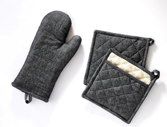 Charcoal Grey Linen-Cotton Oven Mitt & Pot Holders Set - Heat Resistant Gloves for Kitchen Cooking & Grilling, Complete Protection (Set of 3)