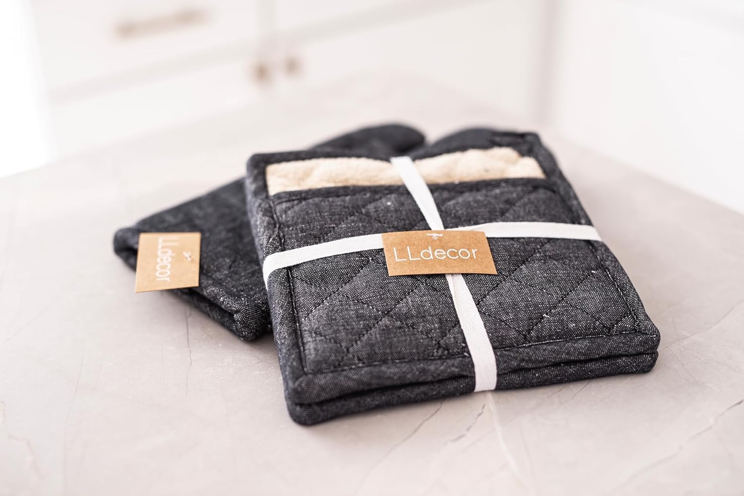 Charcoal Grey Linen-Cotton Oven Mitt & Pot Holders Set - Heat Resistant Gloves for Kitchen Cooking & Grilling, Complete Protection (Set of 3)