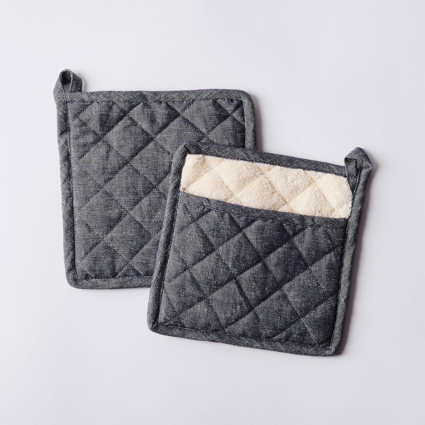 Charcoal Grey Linen-Cotton Oven Mitt & Pot Holders Set - Heat Resistant Gloves for Kitchen Cooking & Grilling, Complete Protection (Set of 3)