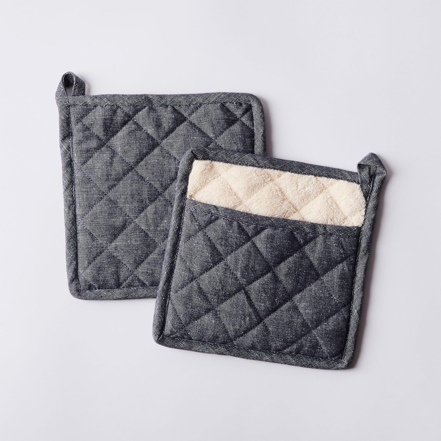 Charcoal Grey Linen-Cotton Oven Mitt & Pot Holders Set - Heat Resistant Gloves for Kitchen Cooking & Grilling, Complete Protection (Set of 3)