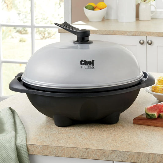 Chef Tested Electric Grill by Montgomery Ward - Indoor/Outdoor Cooking, Removable Cast Aluminum Griddle, Temperature Control, Drip Tray, Warming Drawer, 1350 Watts, Silver - 25"W x 40.25"H x 25"D