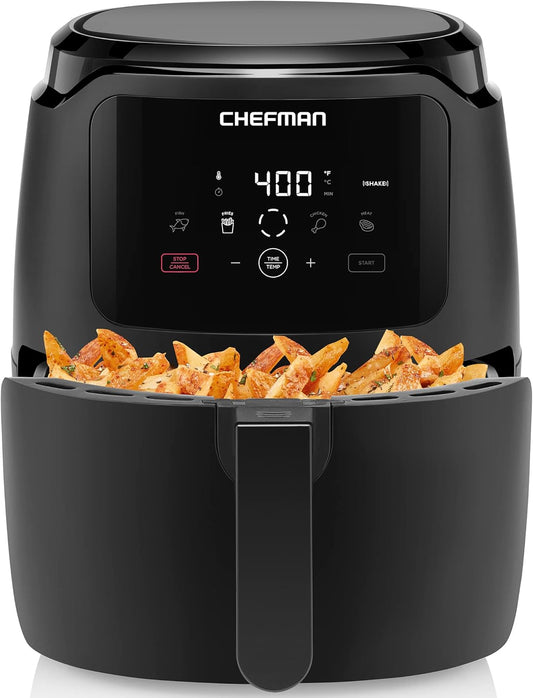 Chefman Large 5 Qt Family Size Digital Air Fryer with One Touch Control Presets for French Fries, Chicken, Meat, Fish - Nonstick, Dishwasher-Safe Parts, Automatic Shutoff - Black