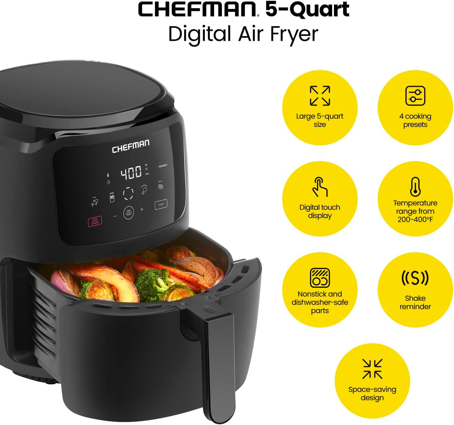 Chefman Large 5 Qt Family Size Digital Air Fryer with One Touch Control Presets for French Fries, Chicken, Meat, Fish - Nonstick, Dishwasher-Safe Parts, Automatic Shutoff - Black