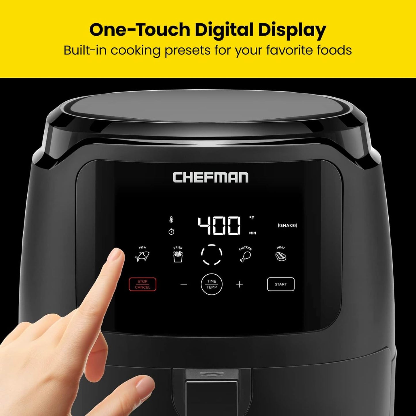 Chefman Large 5 Qt Family Size Digital Air Fryer with One Touch Control Presets for French Fries, Chicken, Meat, Fish - Nonstick, Dishwasher-Safe Parts, Automatic Shutoff - Black