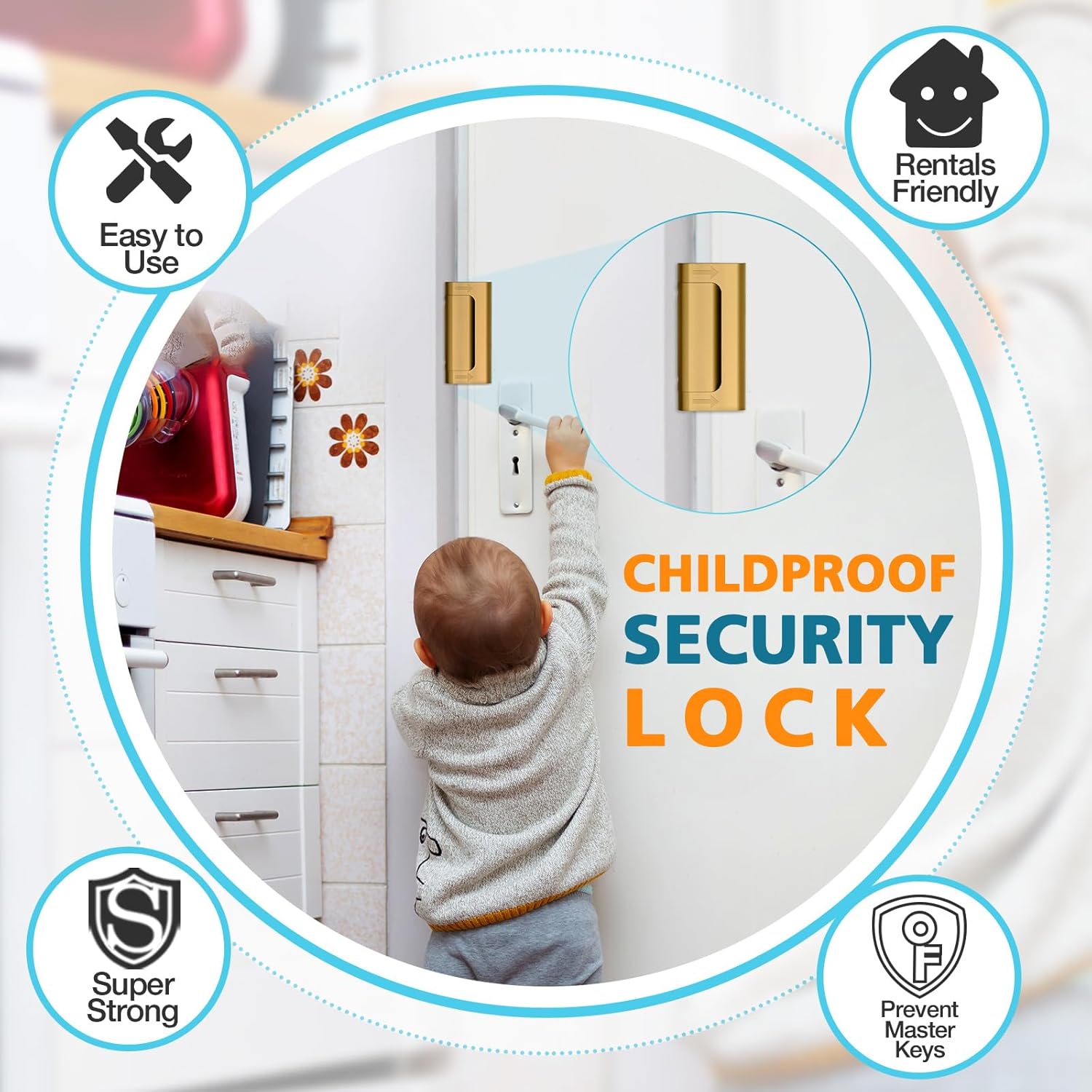 Child Proof Door Locks for High Home Security - Reinforcement Night Kids Safety, 3" Stop, 800 lbs Withstand, Inward Swinging Front Door Metal Flip Lock