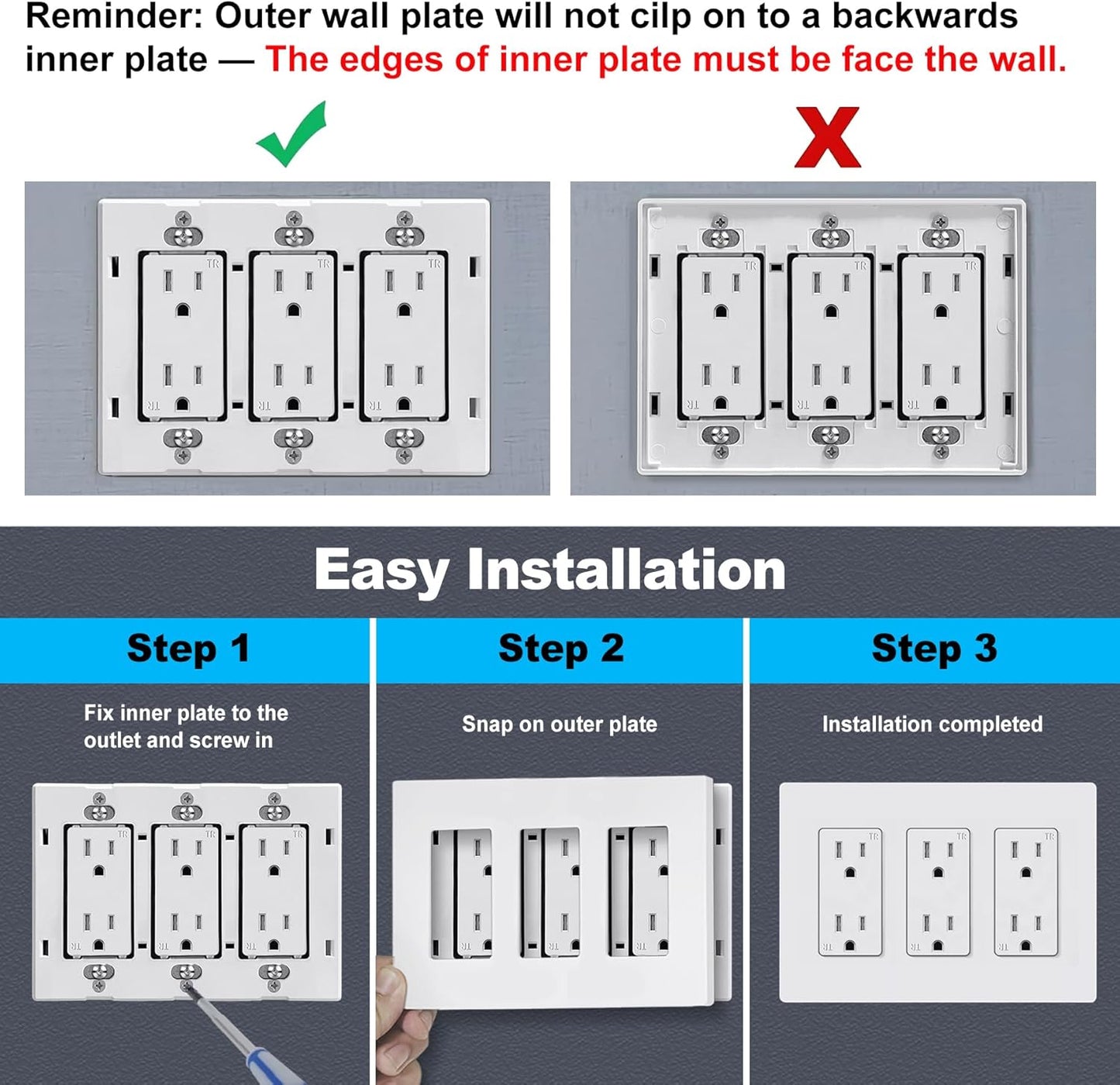 Child Safe Matte White 3-Gang Screwless Wall Plates, 4 Pack, Standard Size 4.68” X 6.54”, Scratch and Impact Resistant
