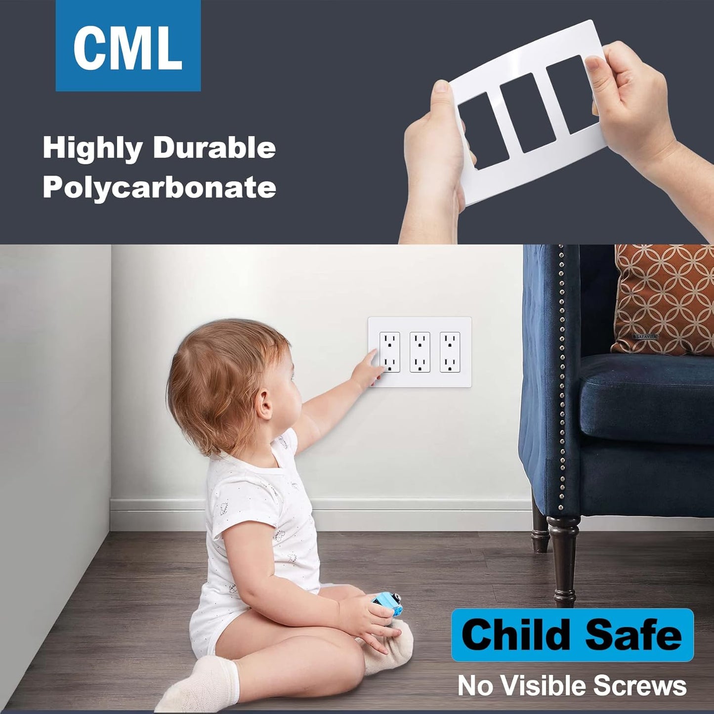 Child Safe Matte White 3-Gang Screwless Wall Plates, 4 Pack, Standard Size 4.68” X 6.54”, Scratch and Impact Resistant
