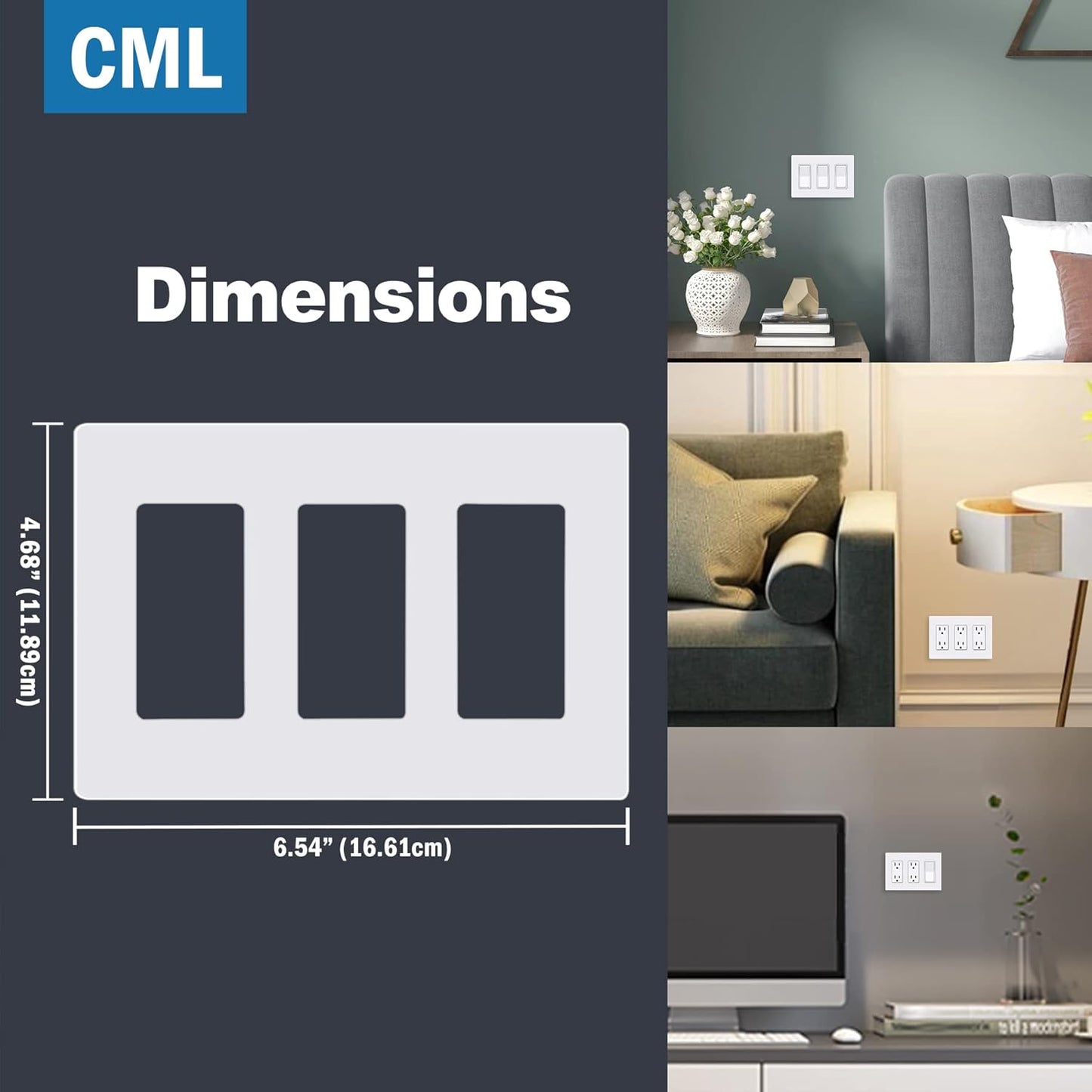 Child Safe Matte White 3-Gang Screwless Wall Plates, 4 Pack, Standard Size 4.68” X 6.54”, Scratch and Impact Resistant