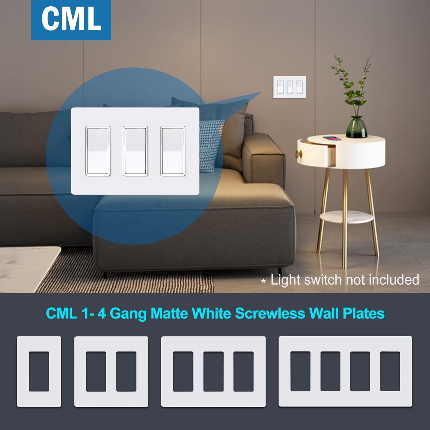 Child Safe Matte White 3-Gang Screwless Wall Plates, 4 Pack, Standard Size 4.68” X 6.54”, Scratch and Impact Resistant