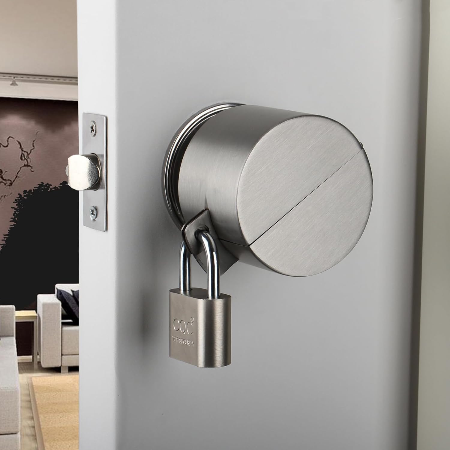 Childproof Door Handle Lock Out Device with Padlock - Stainless Steel Cover to Prevent Turning and Operating Door Knob