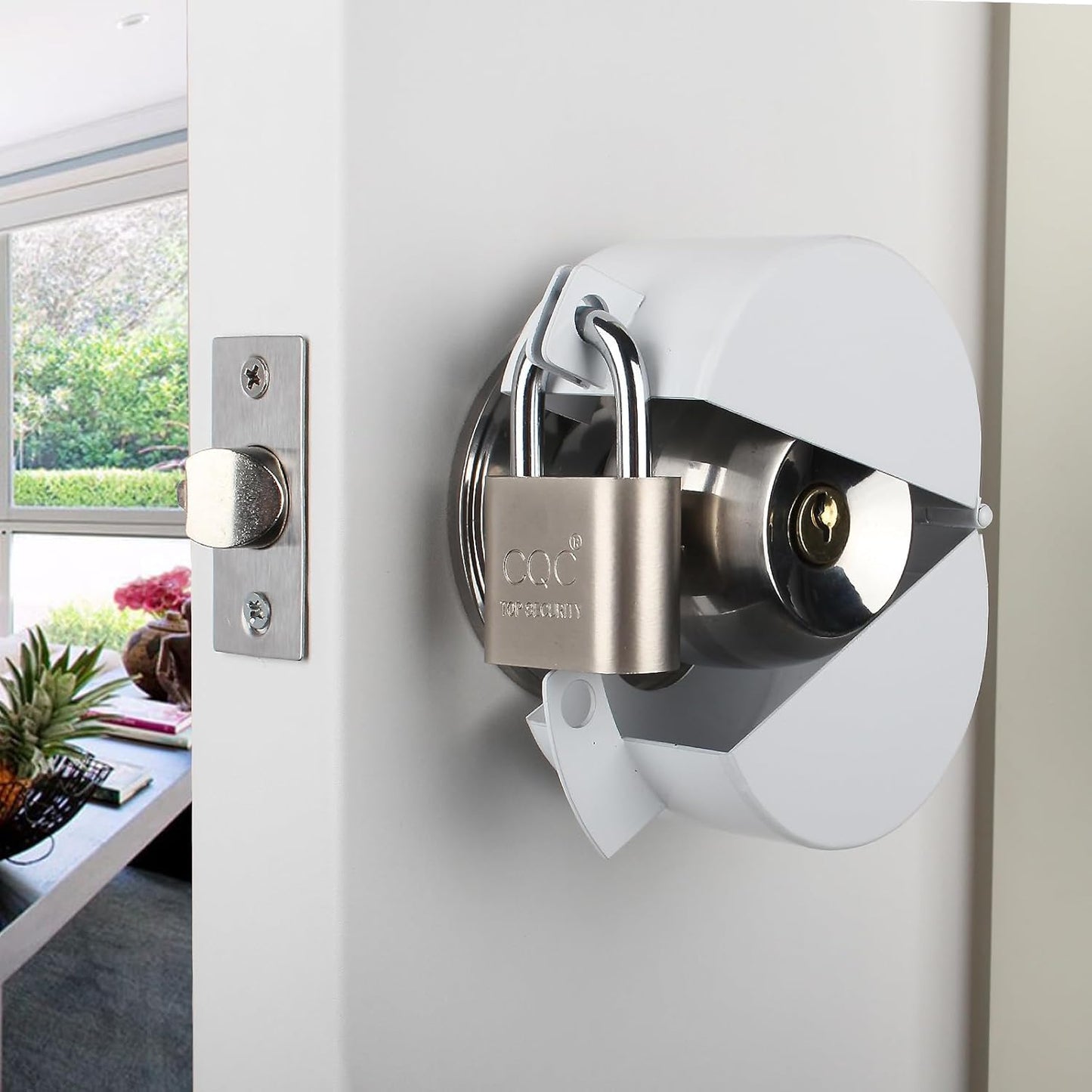 Childproof Door Handle/Knob Lock Out Device - Metallic White Cover to Disable Doorknob/Faucet/Valve - Prevents Turning and Operating - Includes Padlock for Security