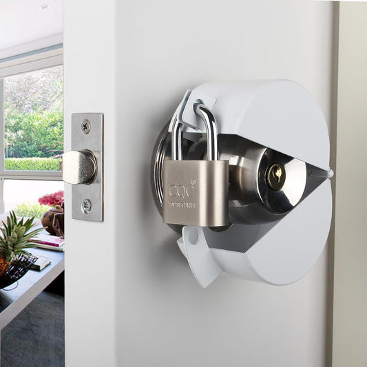 Childproof Door Handle/Knob Lock Out Device - Metallic White Cover to Disable Doorknob/Faucet/Valve - Prevents Turning and Operating - Includes Padlock for Security