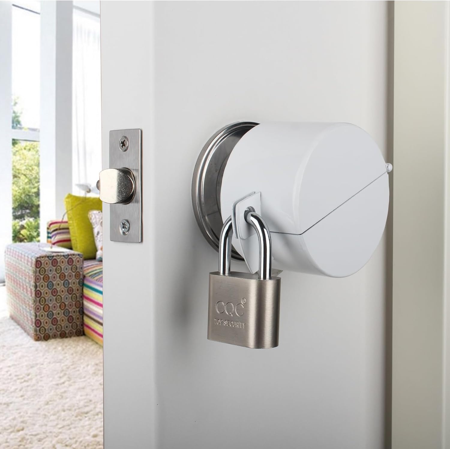 Childproof Door Handle/Knob Lock Out Device - Metallic White Cover to Disable Doorknob/Faucet/Valve - Prevents Turning and Operating - Includes Padlock for Security