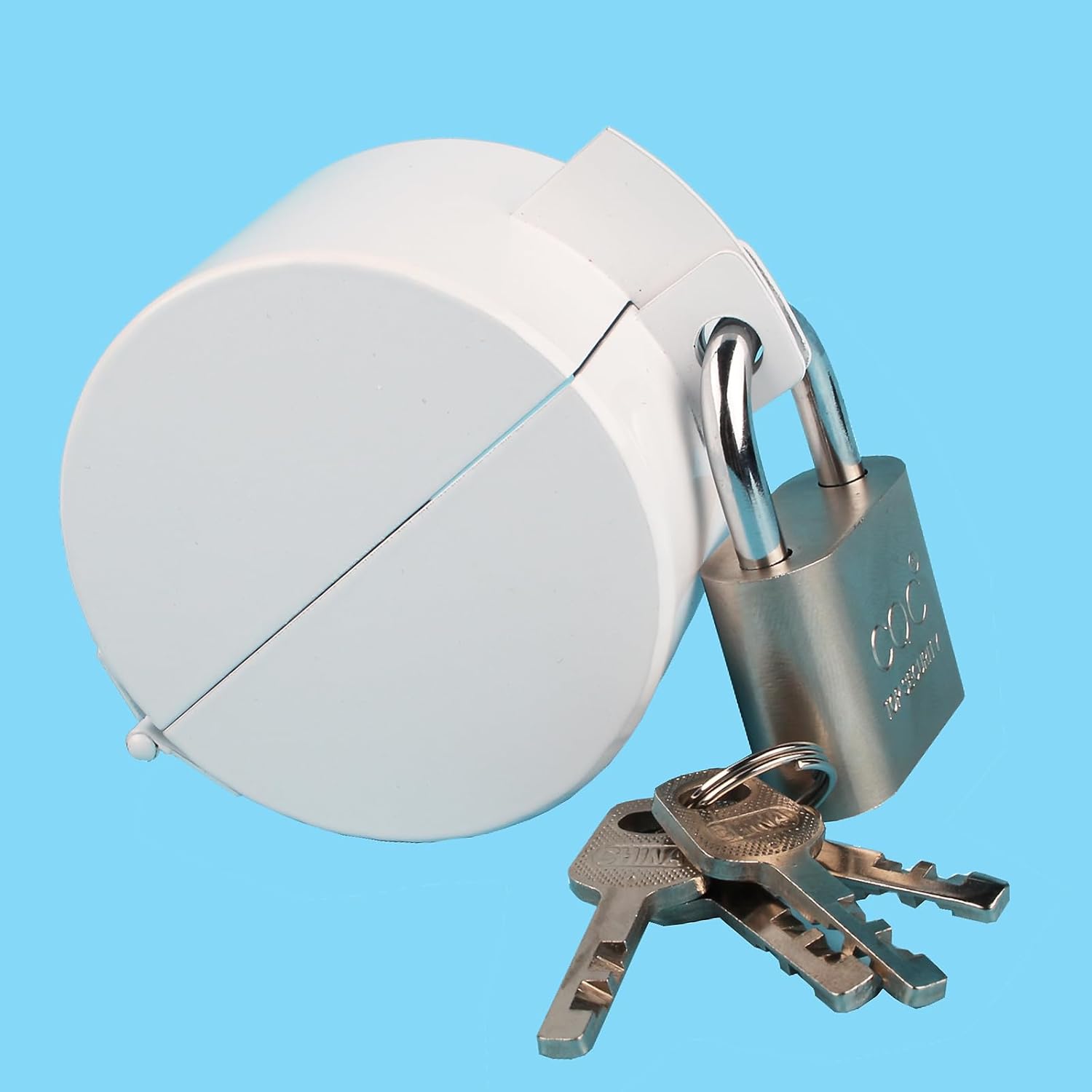 Childproof Door Handle/Knob Lock Out Device - Metallic White Cover to Disable Doorknob/Faucet/Valve - Prevents Turning and Operating - Includes Padlock for Security