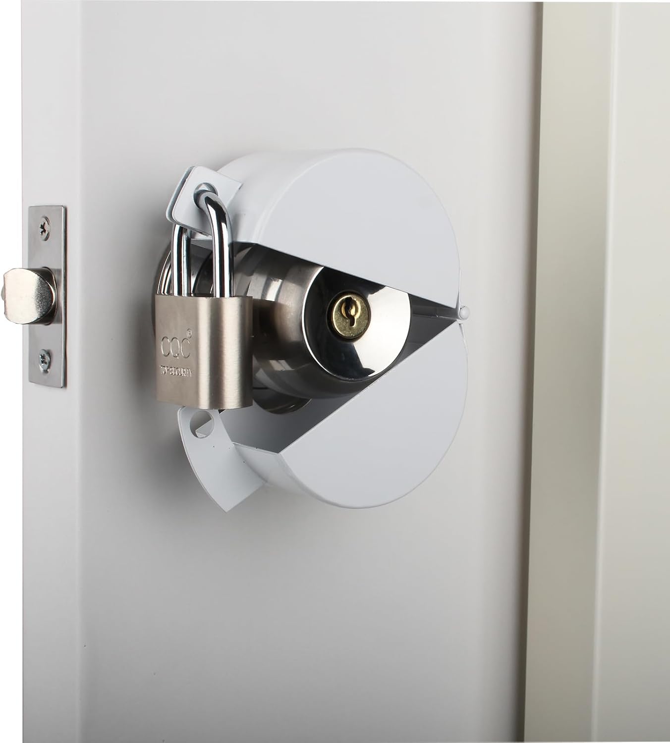 Childproof Door Handle/Knob Lock Out Device - Metallic White Cover to Disable Doorknob/Faucet/Valve - Prevents Turning and Operating - Includes Padlock for Security