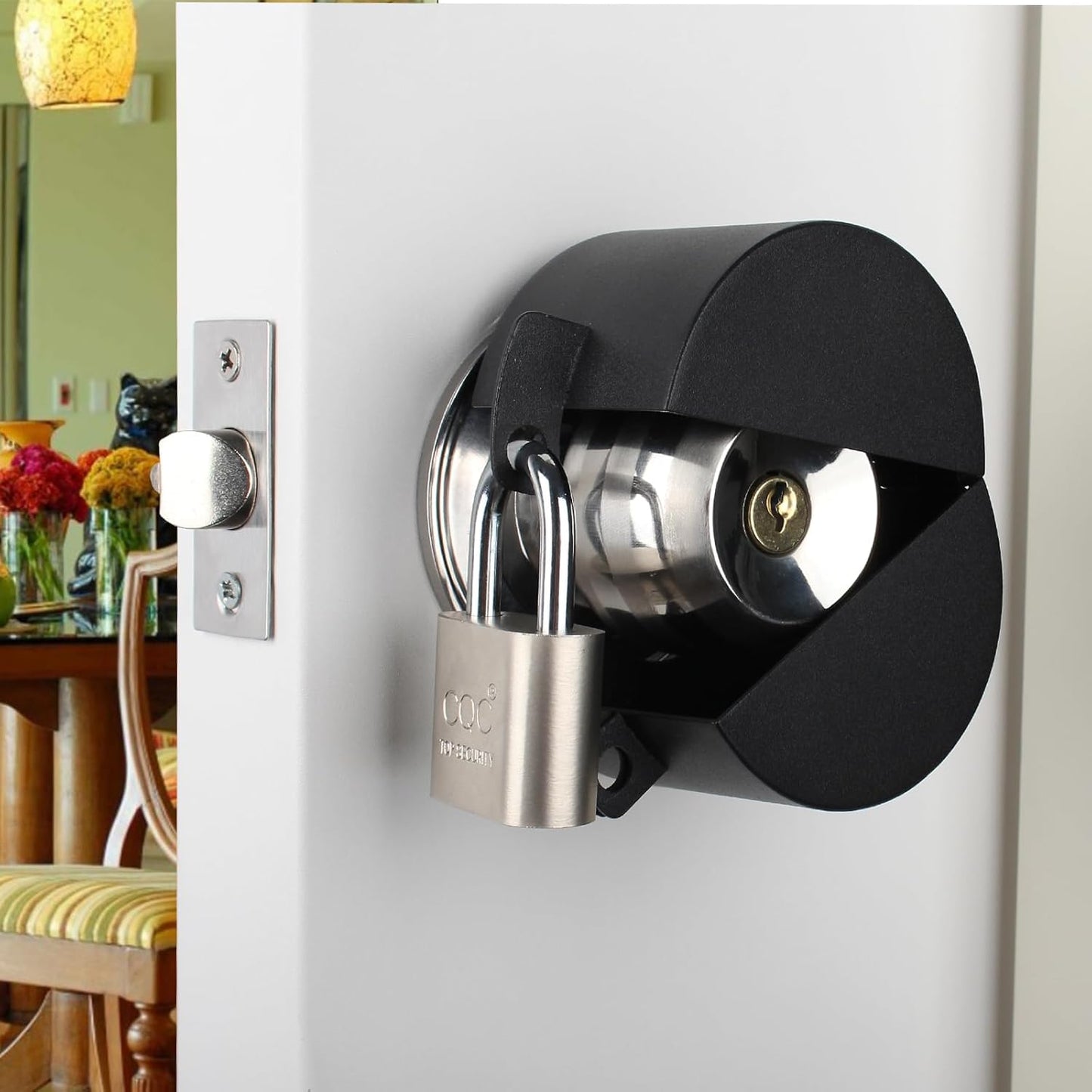 Childproof Metallic Black Door Handle Lock Out Device with Padlock - Prevents Turning and Operating of Door Knob and Access to Keyhole
