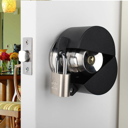 Childproof Metallic Black Door Handle Lock Out Device with Padlock - Prevents Turning and Operating of Door Knob and Access to Keyhole